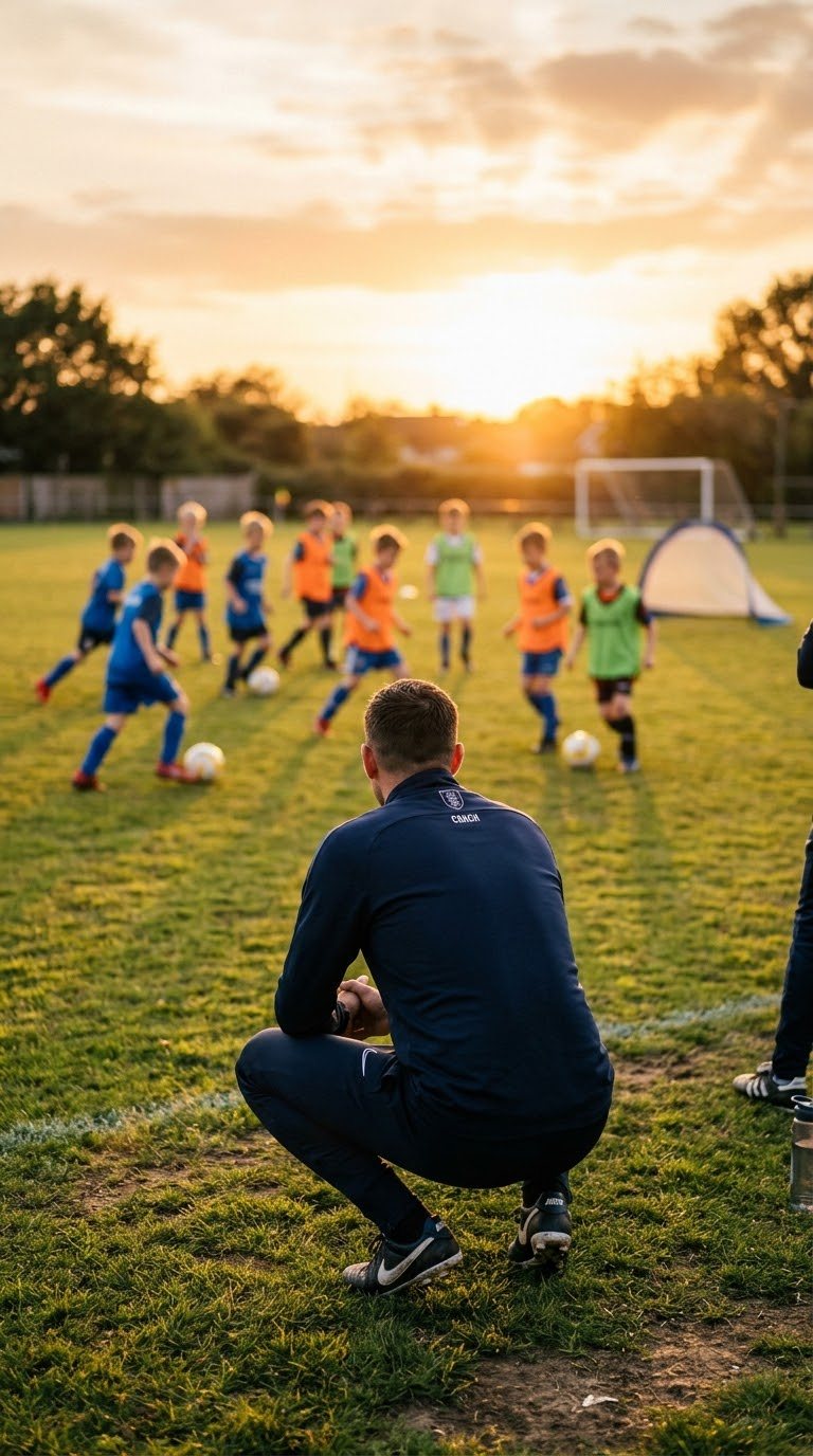 Un allenatore accovacciato a bordo campo osserva al tramonto un gruppo di bambini che si allena