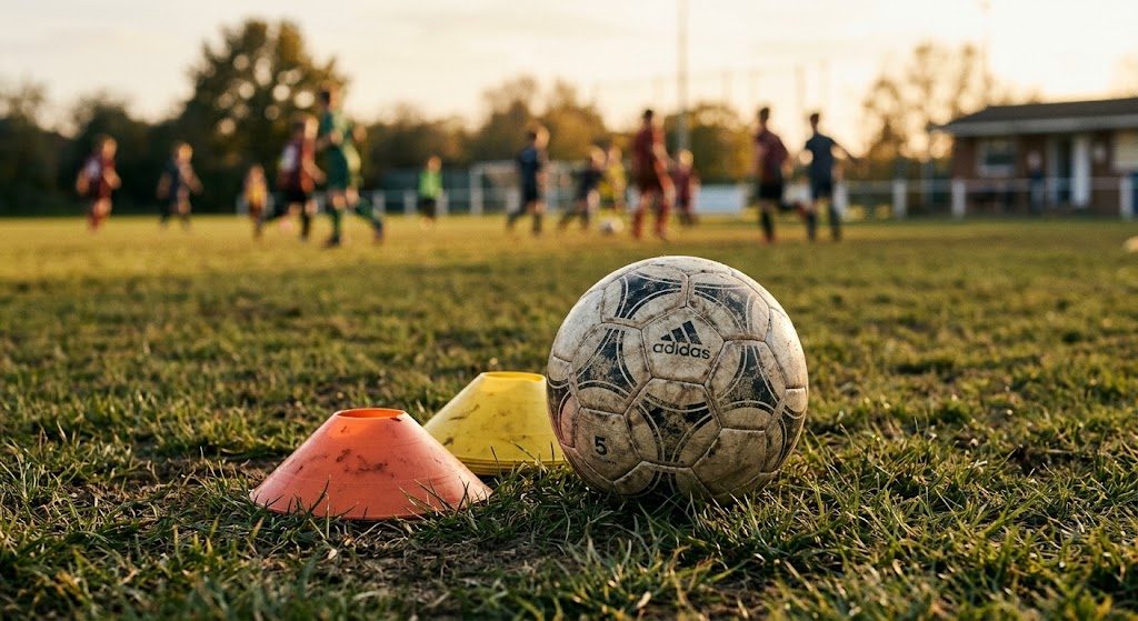 Pallone e coni da allenamento sull'erba