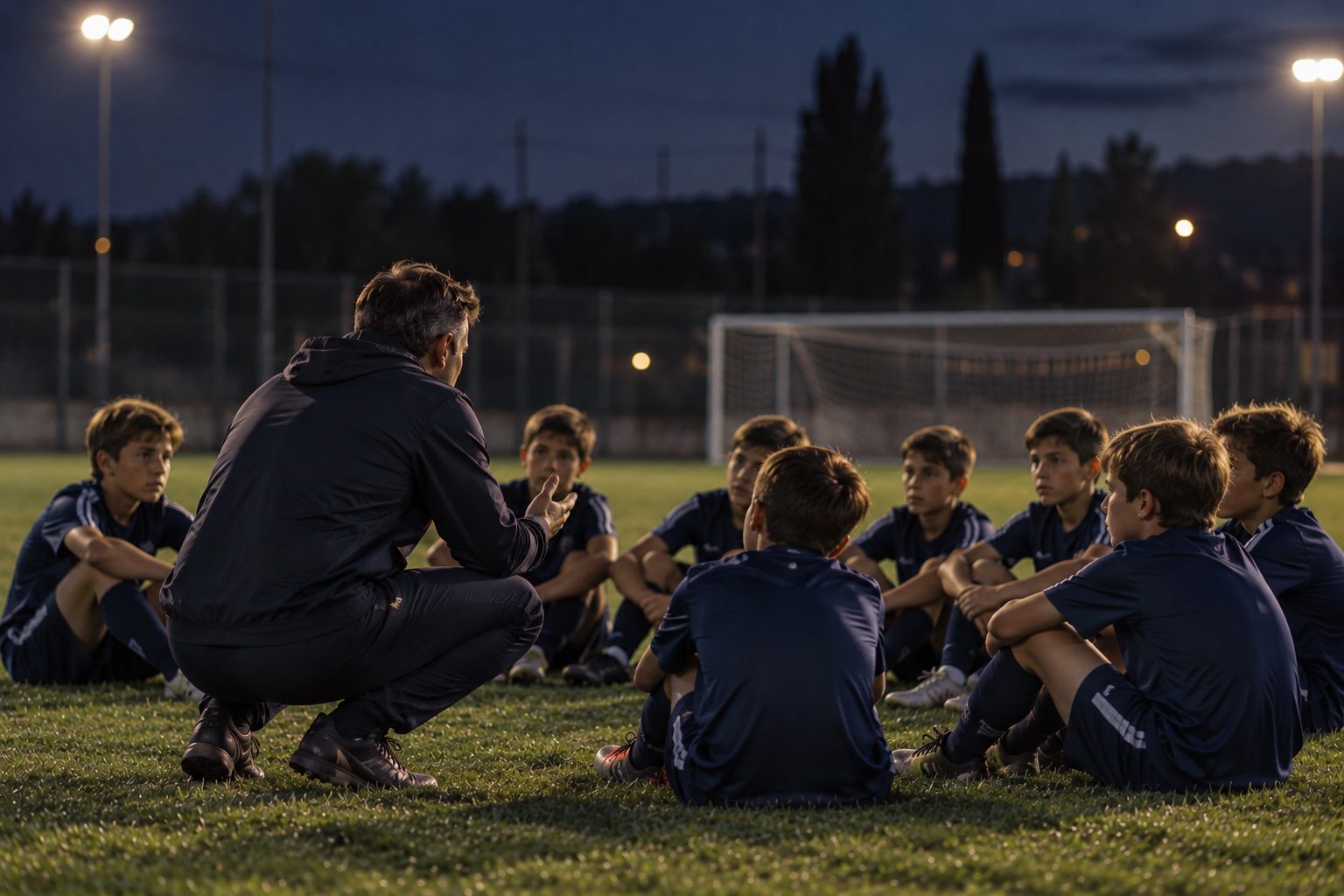 Un allenatore parla con la squadra seduta sul campo