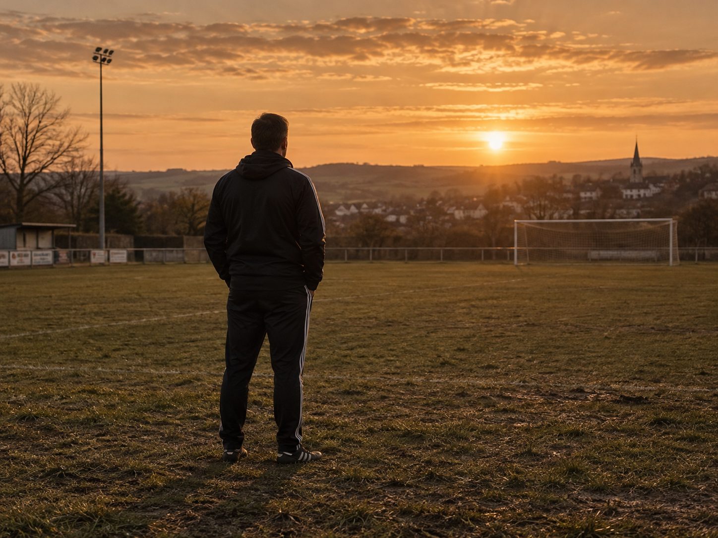 Un allenatore di spalle guarda il campo al tramonto