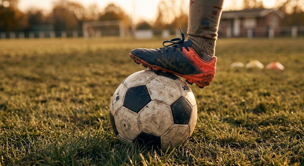 Il piede di un bambino fermo sul pallone, un attimo prima di decidere cosa fare